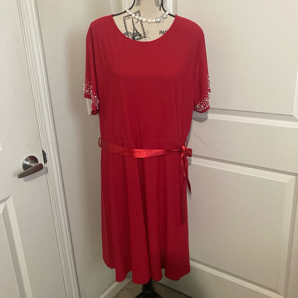 Women's Red Midi Dress with Pearl-Embellished Sleeves and Satin Waist Tie
